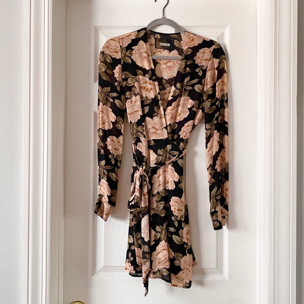 Reformation Porter mini wrap dress in Roma print